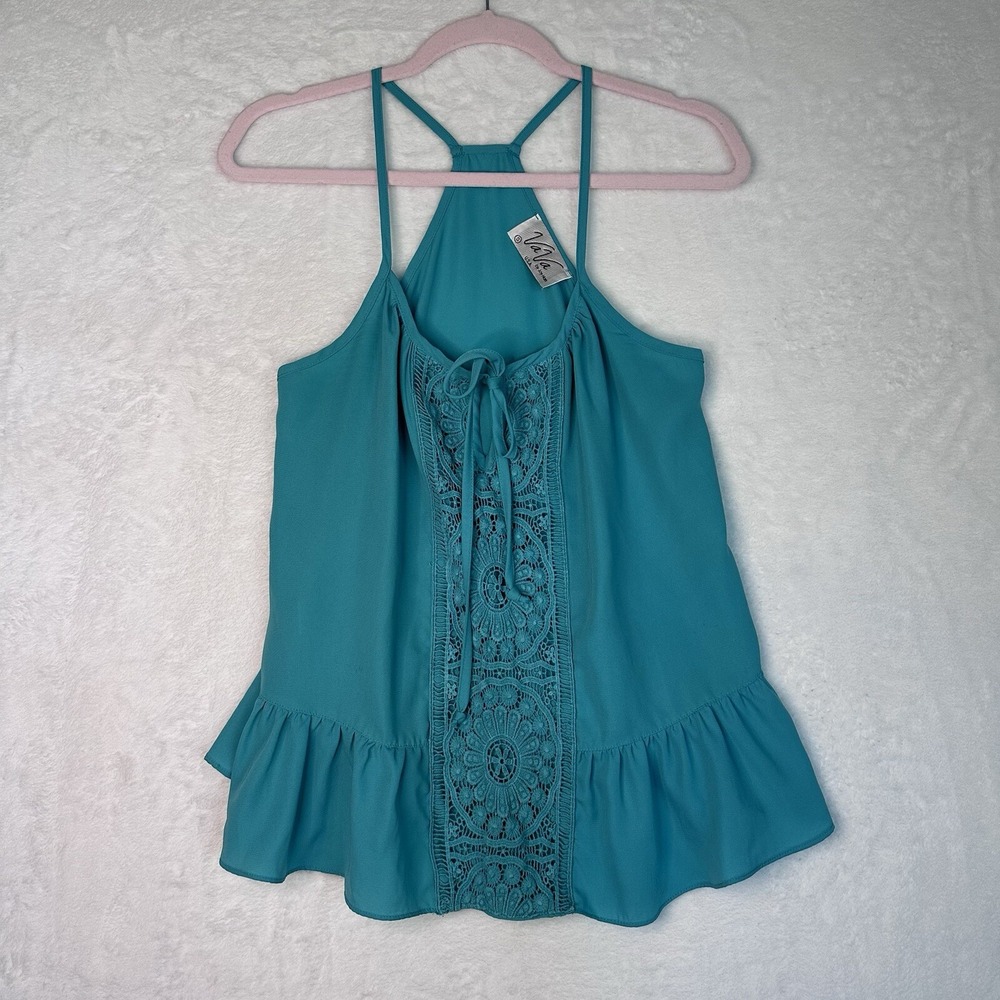VaVa By Jon Han S Racerback Top Straps Green Embellished Ruffle‎ Tie Front